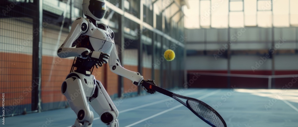 Robotic player mid-action with a tennis racquet on an indoor court, ready to hit the ball. Robotic player mid-action with a tennis racquet on an indoor court, ready to hit the ball.