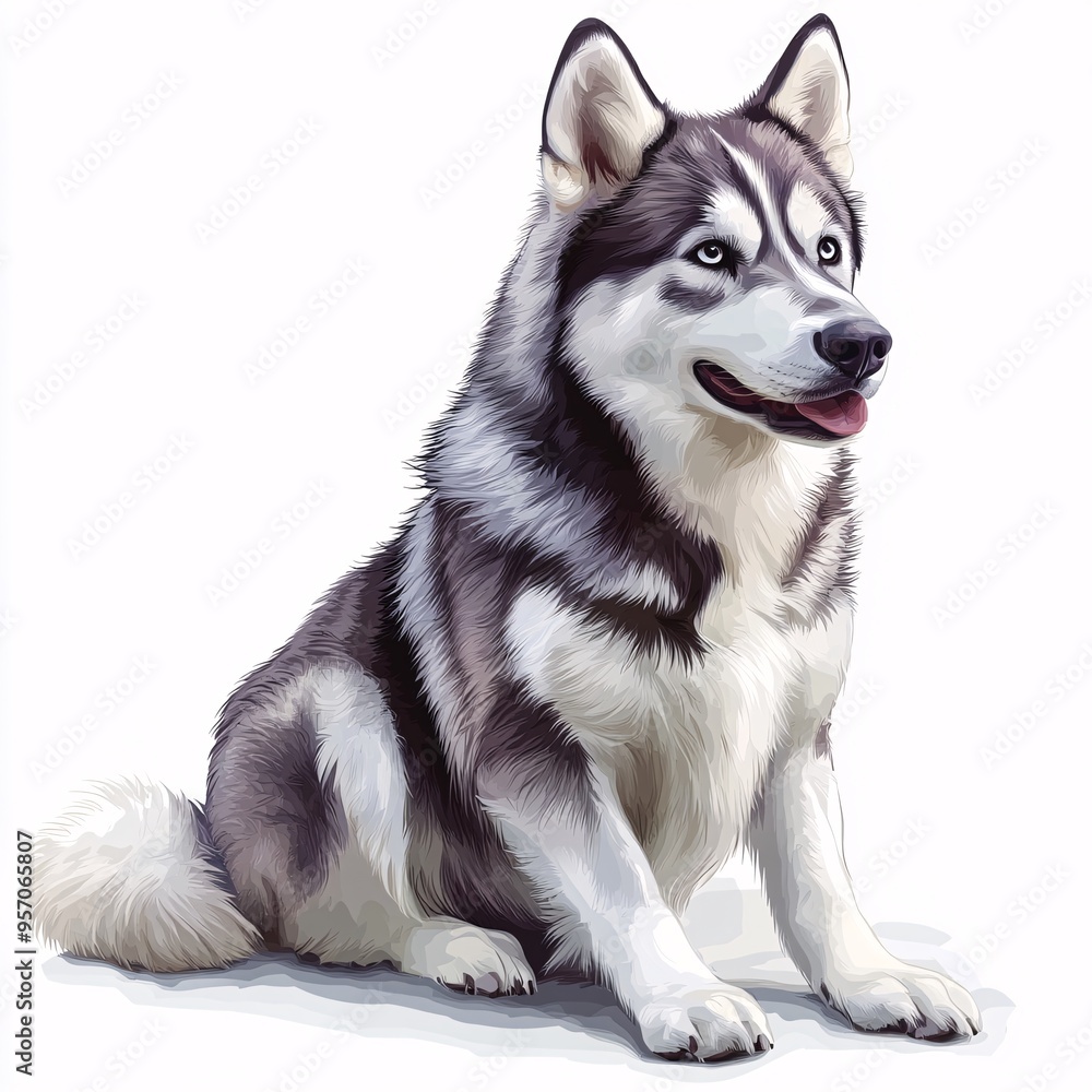 Fototapeta premium Siberian Husky Dog Sitting Isolated on White Background