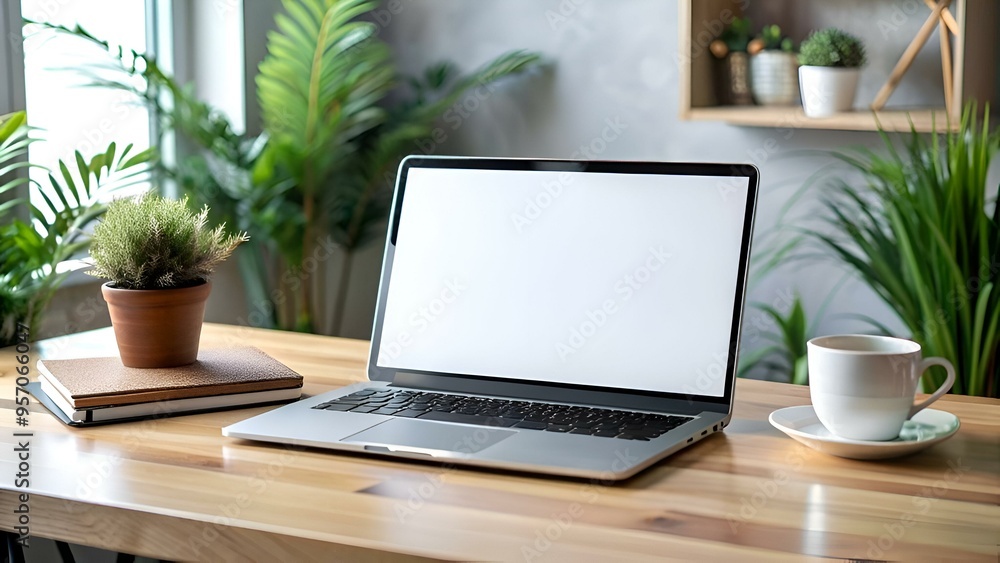 A sleek laptop with a blank screen sits on a wooden desk. surrounded by lush greenery and a cup of coffee. A sleek laptop with a blank screen sits on a wooden desk. surrounded by lush greenery and a cup of coffee.