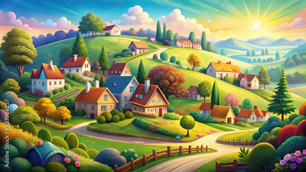 Vibrant colorful illustration of a quaint town with rolling hills, charming cottages, and winding streets, set against a soft sunny sky on a textured wallpaper. Vibrant colorful illustration of a quaint town with rolling hills, charming cottages, and winding streets, set against a soft sunny sky on a textured wallpaper.