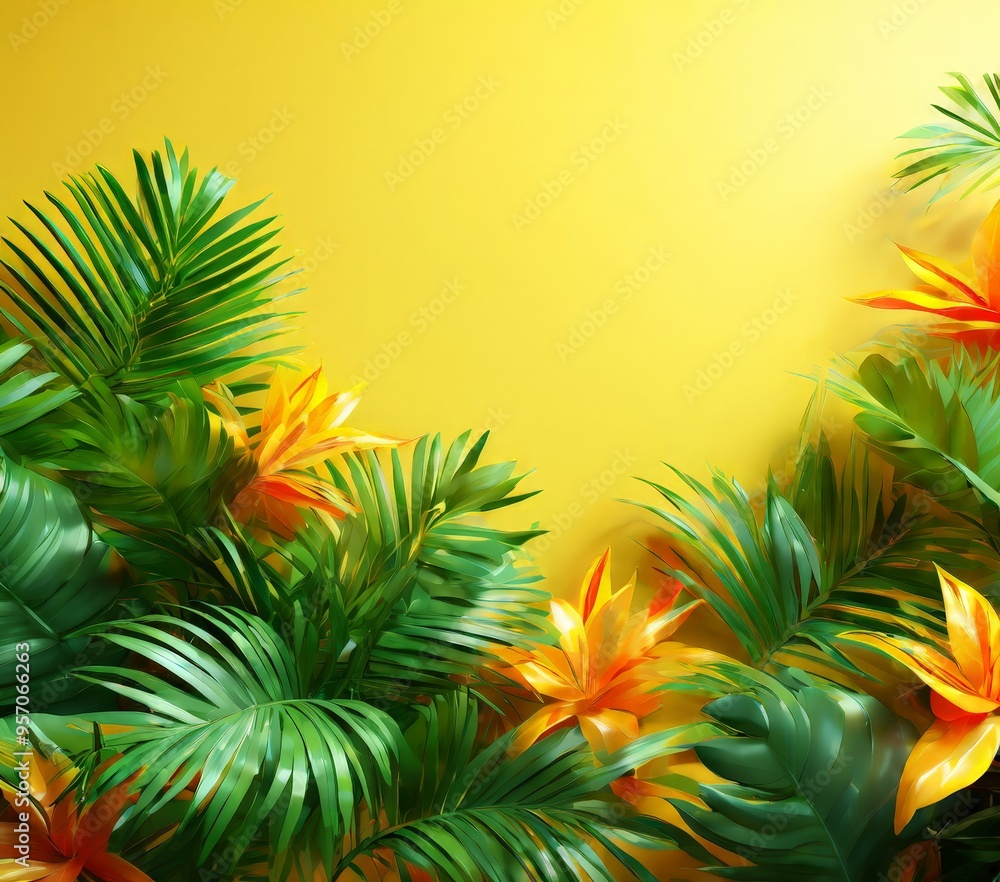 tropical plants on yellow background tropical plants on yellow background