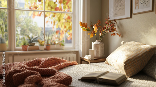 Cozy Autumn Bedroom with Wool Blanket and Warm Ambiance