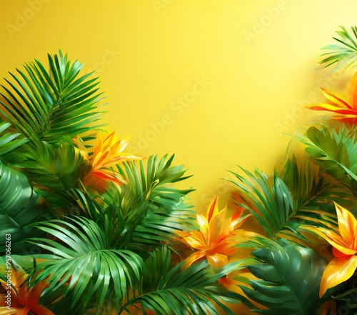 tropical plants on yellow background