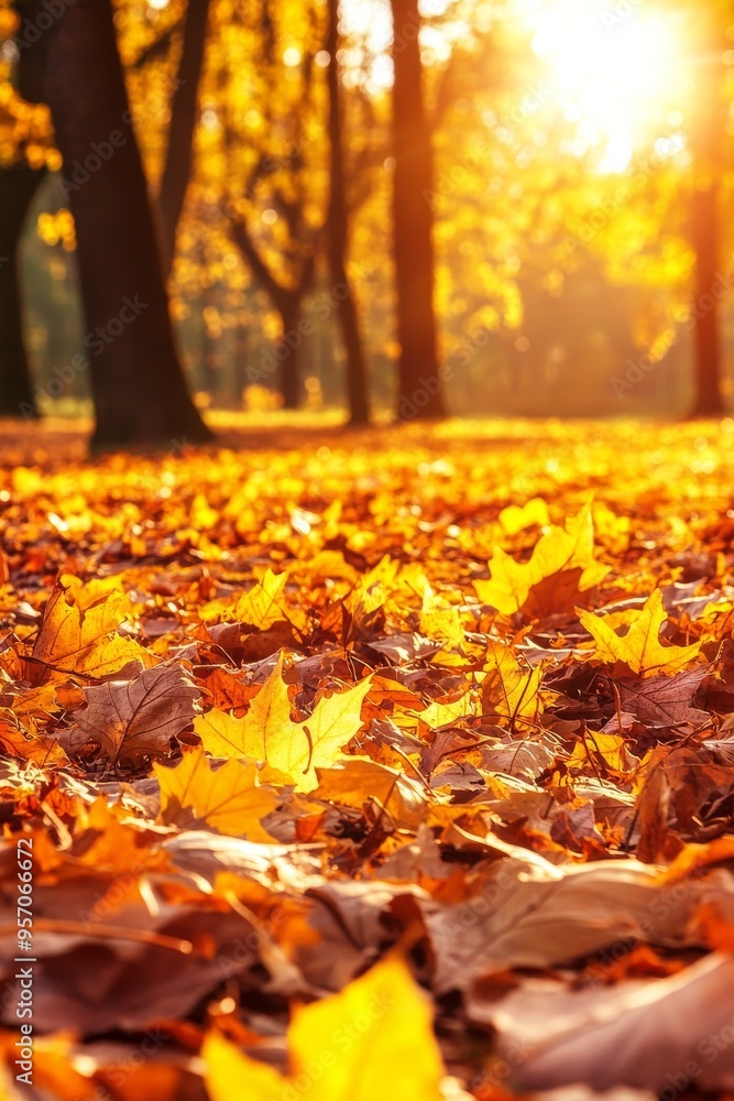 In a picturesque fall forest filled with fallen leaves, sunlight illuminates the calming beauty of nature and captures the essence of the season's transition. In a picturesque fall forest filled with fallen leaves, sunlight illuminates the calming beauty of nature and captures the essence of the season's transition.