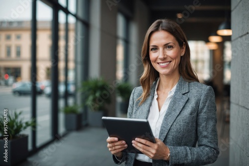Business woman smiling at the camera while holding a tablet pc