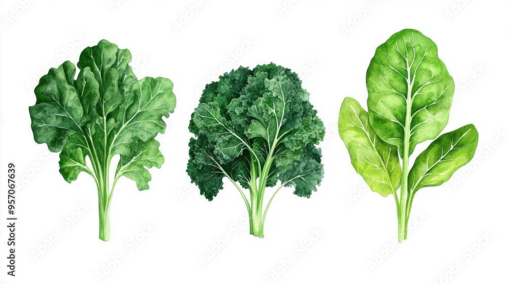 Fresh and vibrant greens including kale, spinach, and Swiss chard, perfect for healthy meals and vibrant salads.