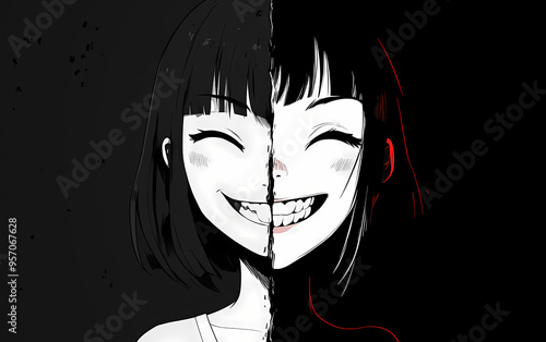 Black and White Anime Illustration Featuring a Split-Face Design, Contrasting Dual Personas with Sharp Lines and Minimalistic Style, Stylized Character Art with Strong Visual Contrast photo