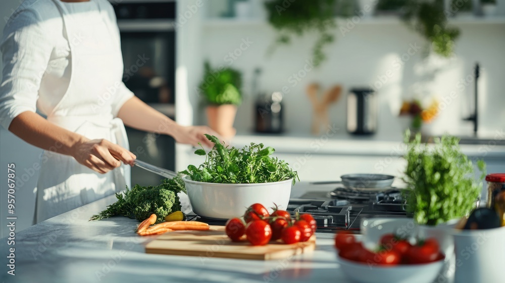 Woman Cooking in Modern Kitchen with Fresh Ingredients Woman Cooking in Modern Kitchen with Fresh Ingredients