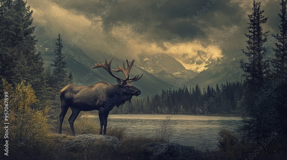 A majestic elk stands on a rocky outcropping by a lake, with towering mountains and a dramatic sky in the background. A majestic elk stands on a rocky outcropping by a lake, with towering mountains and a dramatic sky in the background.