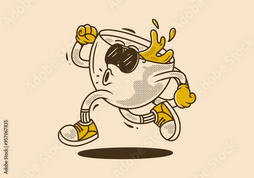 Running coffee cup character in retro vintage style