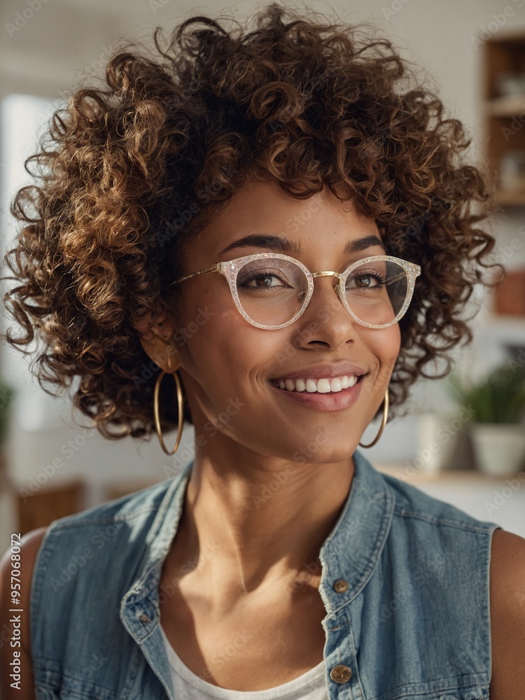Young, smiling woman with curly brown hair wearing glasses and denim jacket Young, smiling woman with curly brown hair wearing glasses and denim jacket