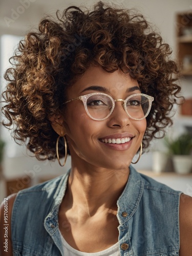 Young, smiling woman with curly brown hair wearing glasses and denim jacket