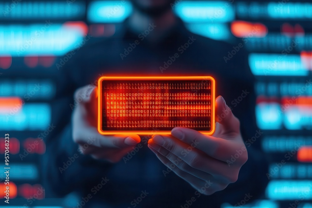 A person holds a glowing digital screen displaying data against a backdrop of illuminated technology themes.