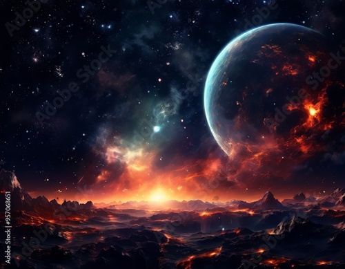 planet in the sky with bright orange glow