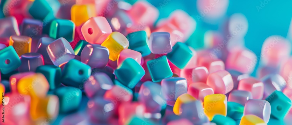 Colorful cube-shaped beads in an array of pastel shades, beautifully arranged on a vibrant surface, offering a playful and artistic visual. Colorful cube-shaped beads in an array of pastel shades, beautifully arranged on a vibrant surface, offering a playful and artistic visual.