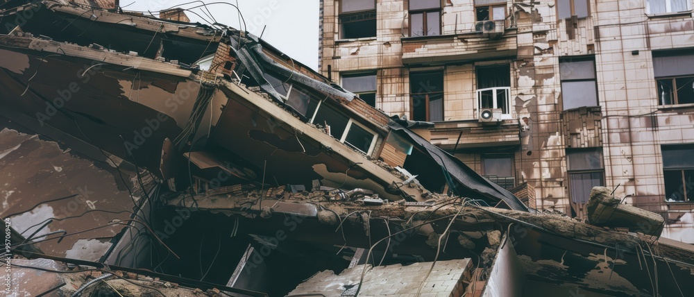 A large building reduced to rubble, illustrating the severe impact of a recent disaster and the stark reality of structural collapse and devastation. A large building reduced to rubble, illustrating the severe impact of a recent disaster and the stark reality of structural collapse and devastation.