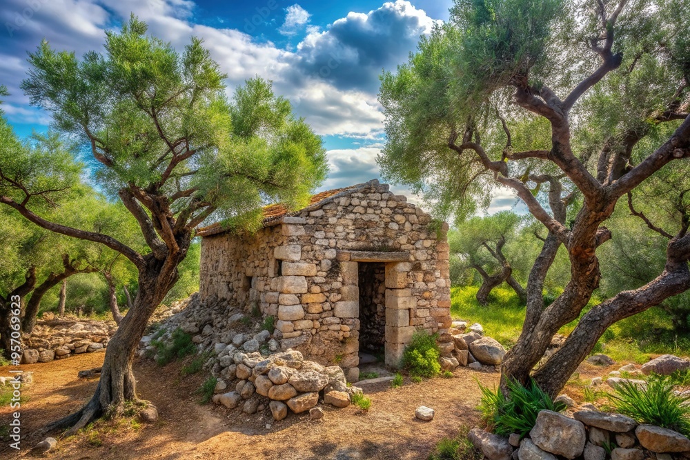 A weathered barandal structure rises from a twisted olive thicket, stone walls merging with the Mediterranean landscape in a harmonious blend of nature and architecture.