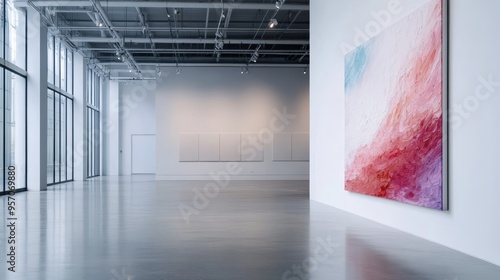 An empty art gallery with a minimalistic design, showcasing a large abstract painting on the wall. The space is bright with natural light and has a serene and elegant atmosphere. photo