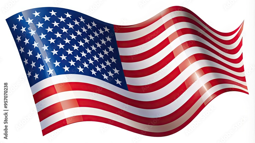 Patriotic vector illustration of the United States of America flag waving in the wind, featuring bold stripes and bright stars on a white background. Patriotic vector illustration of the United States of America flag waving in the wind, featuring bold stripes and bright stars on a white background.