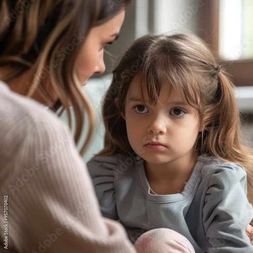 A woman is holding a young girl who is crying