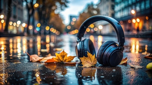 Raindrops glisten on sleek, black wireless headphones as they rest on a wet pavement, surrounded by rain-soaked leaves and dark, moody cityscape in the background. photo