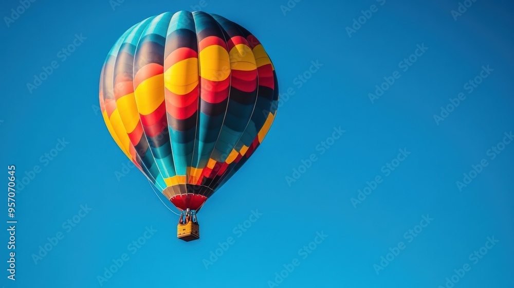 Obraz premium Colorful Hot Air Balloon Floating in Bright Blue Sky with Fluffy Clouds
