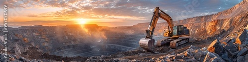 Excavator operating at sunrise in a rugged mountainous mining landscape  The massive machinery stands amidst dramatic cliffs rocks and a stunning sky backdrop with dramatic clouds and vibrant colors