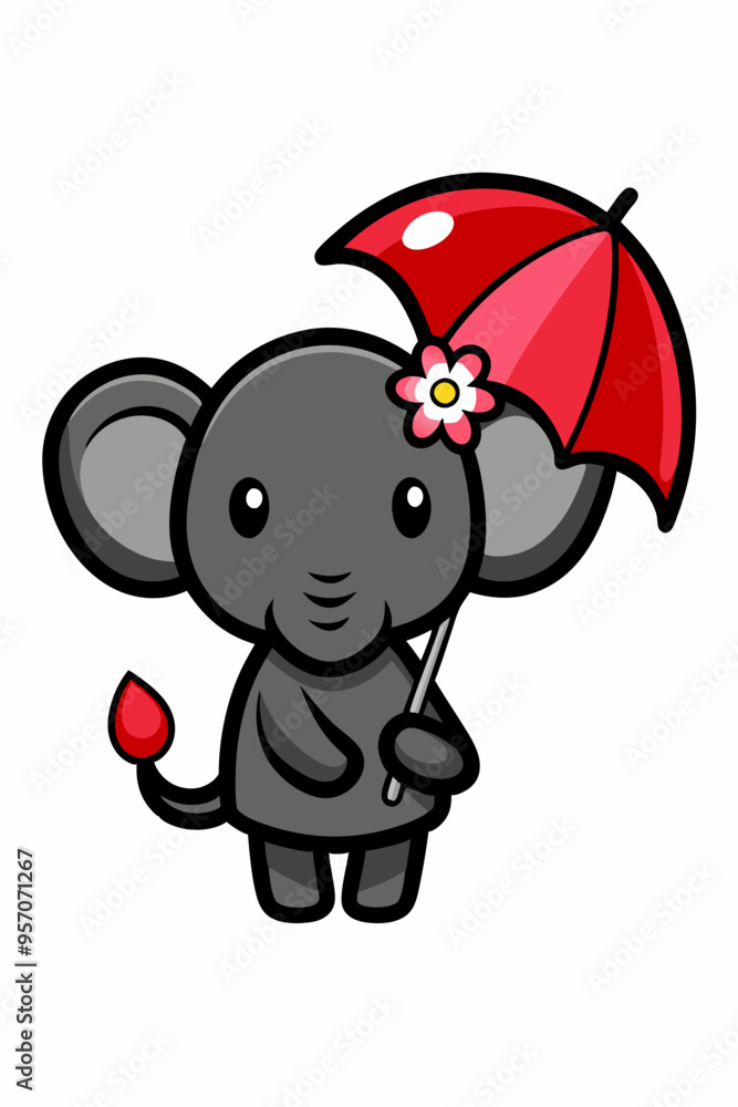 Fototapeta premium Logo, minimalist-style logo of an elephant holding a pink flower on its head and a red umbrella, a white background,. Summer Baby Elephant SVG Cut File Clipart Silhouette