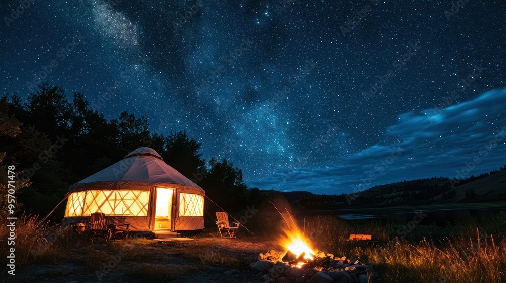 A night-time yurt camping setup with a lit-up yurt, campfire, and starry sky above. A night-time yurt camping setup with a lit-up yurt, campfire, and starry sky above.