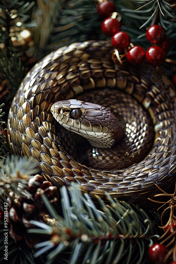 Snake coiled in Christmas greenery with pine cones, red berries, festive detail Snake coiled in Christmas greenery with pine cones, red berries, festive detail