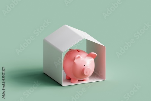 Pink Piggy Bank and white small house model.  3d illustration.