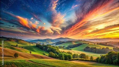 Vibrant colors dance across a serene landscape, as a delicate brushstroke-painted sky meets a dreamy, rolling hillside, evoking a sense of peaceful, idyllic wonder. photo