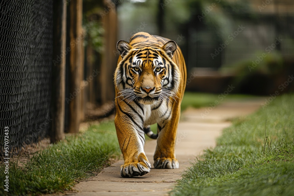 Fototapeta premium Tiger walking on a path with green grass on either side