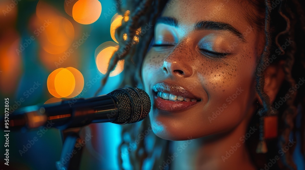 A woman singing into a microphone with a smile on her face A woman singing into a microphone with a smile on her face