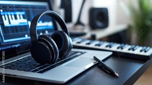 Laptop with Headphones, Music Production