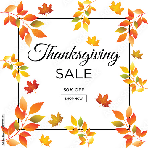 Happy Thanksgiving Sale advertisement typography vector design with colorful fall leaves border over a black box outline on white background stock illustration