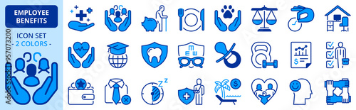 Icons in two colors about employee benefits