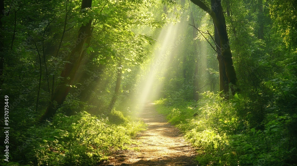 Fototapeta premium Serene Nature Trail in Lush Green Forest with Sunlight Filtering Through Leaves