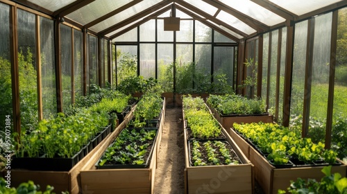 Lush Organic Vegetable and Herb Garden in Sustainable Greenhouse