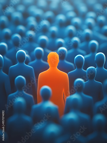 La figura naranja que destaca entre una multitud azul