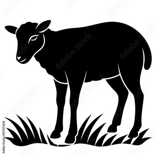 Black Grazing Sheep Silhouette Vector Illustration