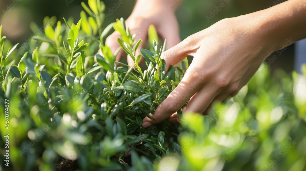 Gardener's Hands Perfectly Pruning Vibrant Green Bush in Backyard Garden Gardener's Hands Perfectly Pruning Vibrant Green Bush in Backyard Garden