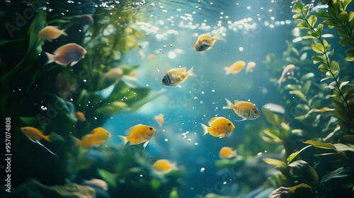 Fish swimming in clear underwater with nostalgia film tone