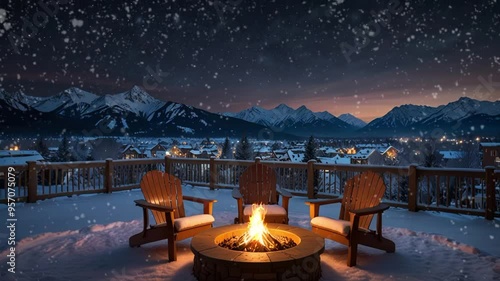 chairs and fireplace on the terrace with a village and mountains in the background. Seamless looping 4k video animation
