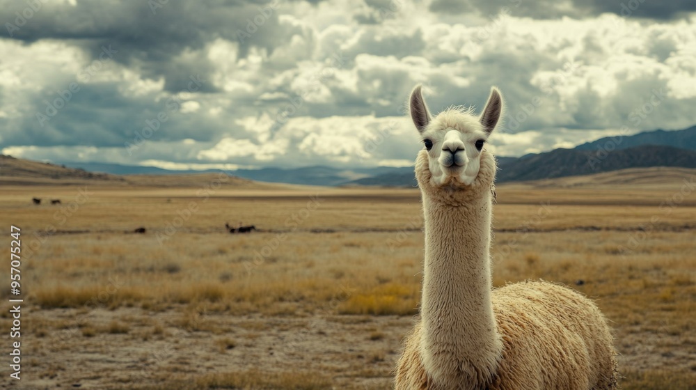 Obraz premium A white llama with large ears stands in a grassy field, looking directly at the camera. In the background are mountains and a cloudy sky.