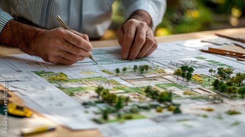 Innovative Architect Planning Sustainable Green Building Design with Blueprint Layouts on Table
