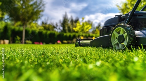 Refreshing Green Lawn Maintenance with Manual Push Mower