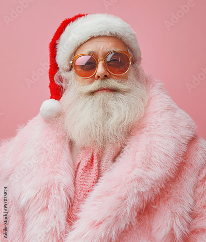 Cool modern Santa Claus in fancy pink costume photo