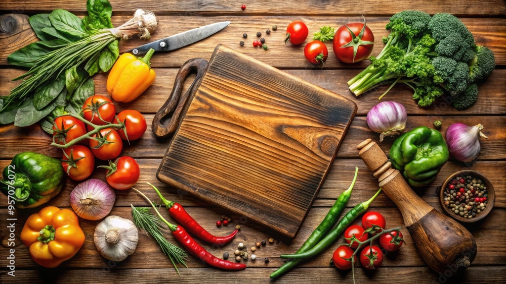Rustic wooden chopping block with grooved surface and worn edges, surrounded by scattered vegetables and utensils on a distressed wooden table. Rustic wooden chopping block with grooved surface and worn edges, surrounded by scattered vegetables and utensils on a distressed wooden table.