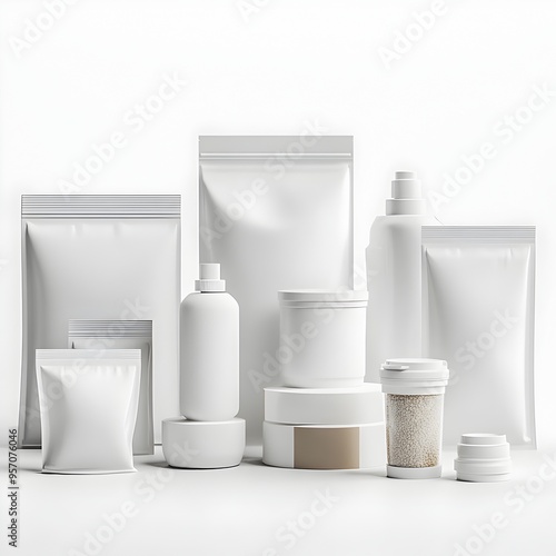 The clean and minimal studio setting showcases a diverse portfolio of packaged goods and industrial materials in a pristine white backdrop